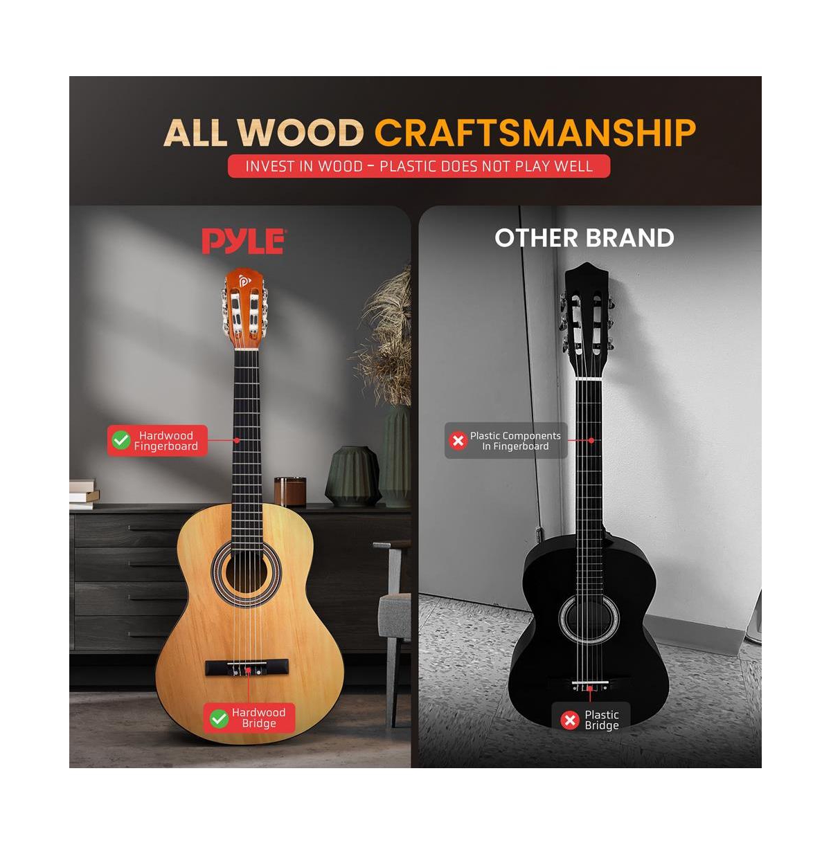 Pyle 39" 6-String Left-Hand Classical Acoustic Guitar for Beginners & Adults with Accessory Kit