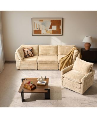 Sectional Cloud Couch Sofa with Swivel Chair, Comfy Deep Seat Modular Convertible Couches, Modern Plush Corduroy Sofa Set for Living Room
