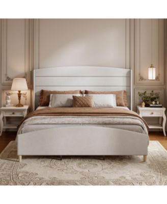 Bed Frame, Soft Linen Upholstered Platform Bed with Wingback Headboard/Raised Footboard, Sturdy Wood Legs/Slats, Noise-Free