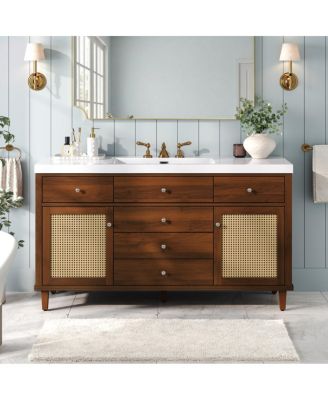 60 Inch Modern Bathroom Vanity with Sink, Brown Solid Wood MDF Cabinet, Rattan Doors, Soft Close Drawers, Pine Legs