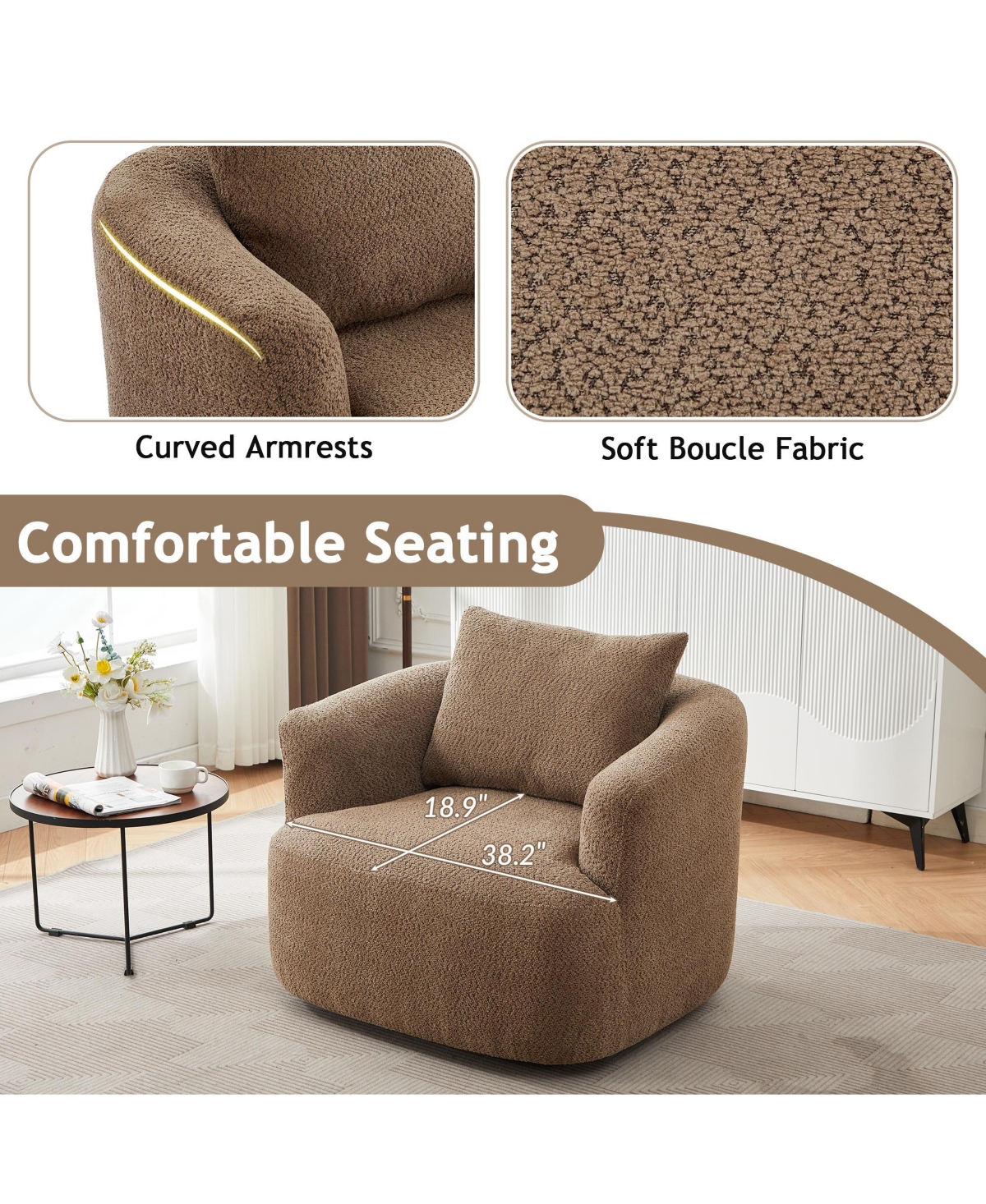 Rainsken 360degree(s) Swivel Sofa Chair, 38.2" Upholstered Barrel Chair with Deep Seating and a Throw Pillow for Living Room, Bedroom