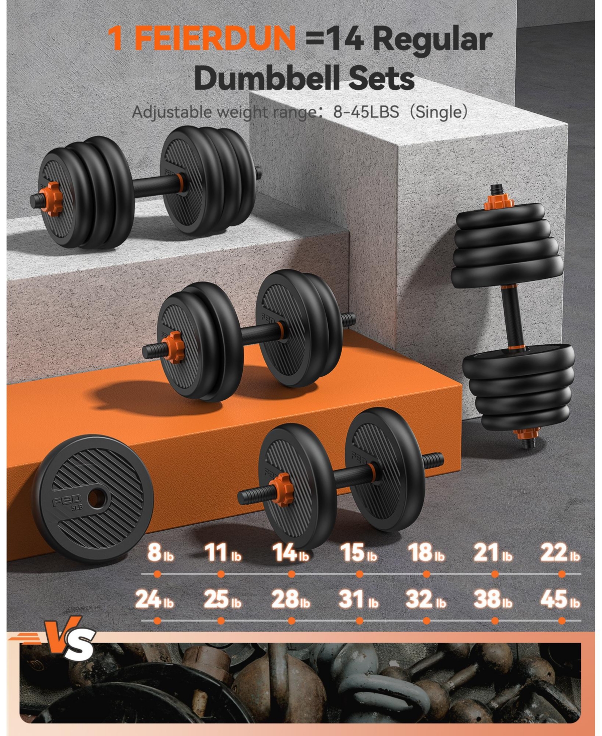 Fed Fitness Adjustable Dumbbells, Weight Set with Connector, 5 in 1 Dumbbells Set (Barbell, Kettlebells, Push up Stand
