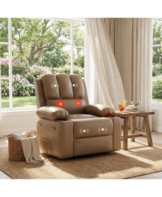 Massage Recliner with Lumbar Heat, Swivel and Rocking Motion - Comfortable Easy-Clean Seating with Cup Holders and Side Storage Pocket