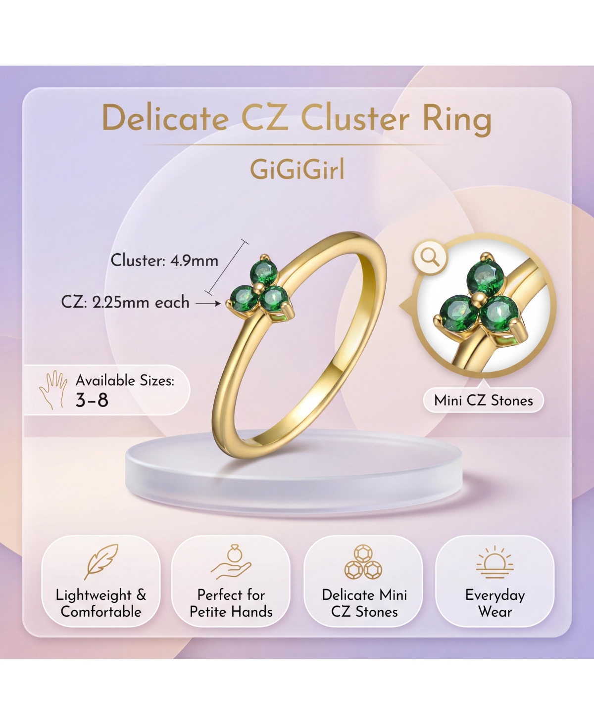 GiGiGirl 14k Gold Plated with Triple Green or Pink Cubic Zirconia Ring