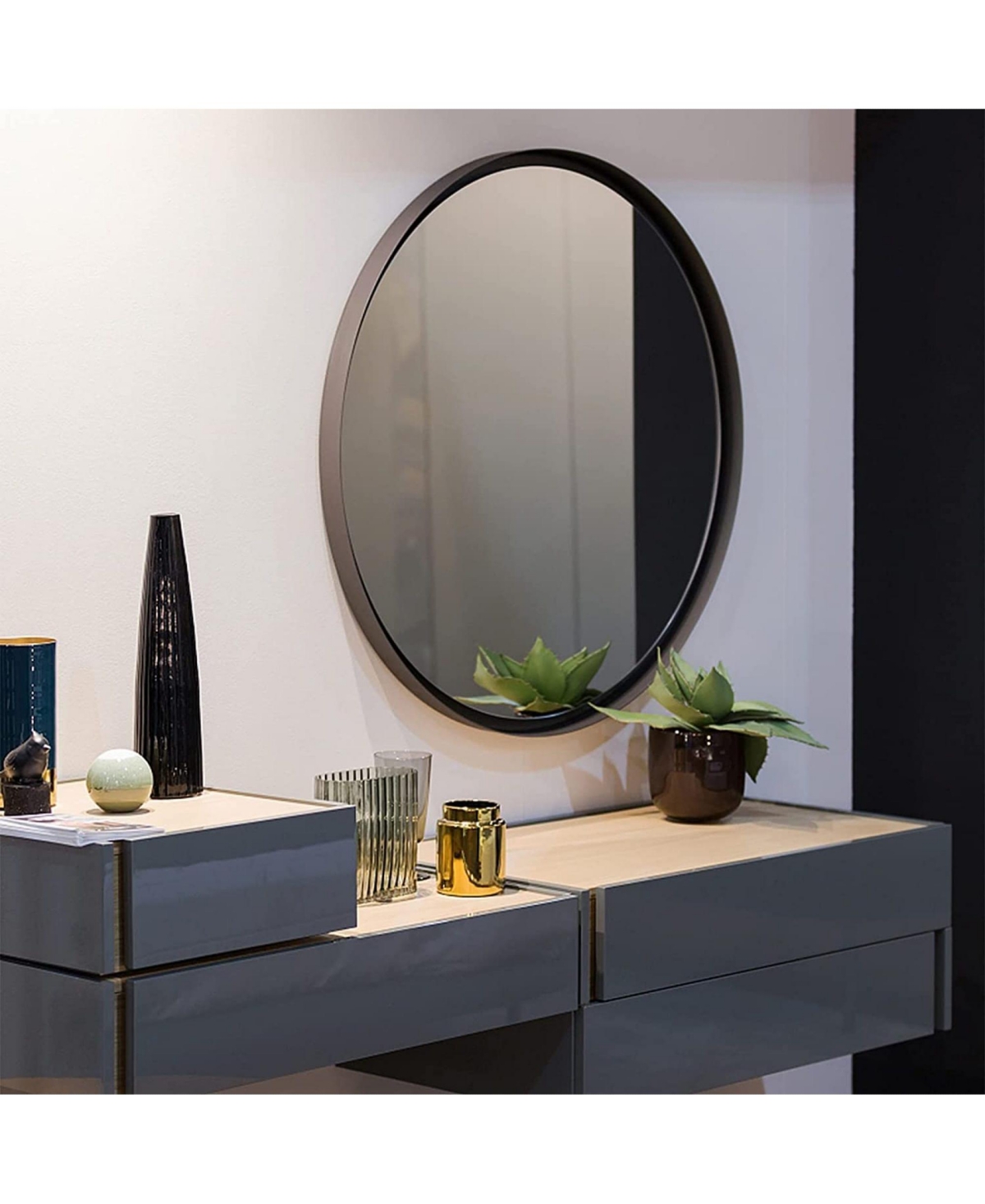 Rainsken Round Bathroom Mirror, 24 Inch Wall Mounted Shatterproof Hd Glass Mirror with Metal Frame for Bathroom