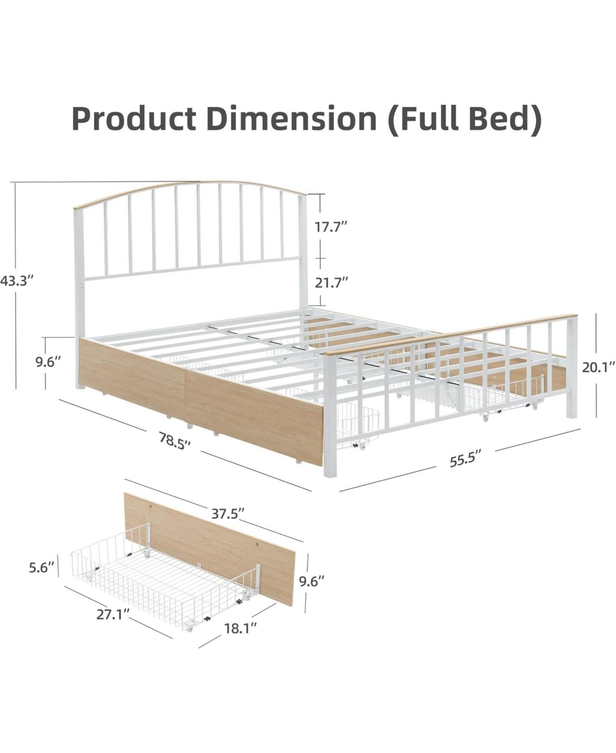 gaomon Full Metal Bed with Headboard and 4 Drawers, Oak Finish