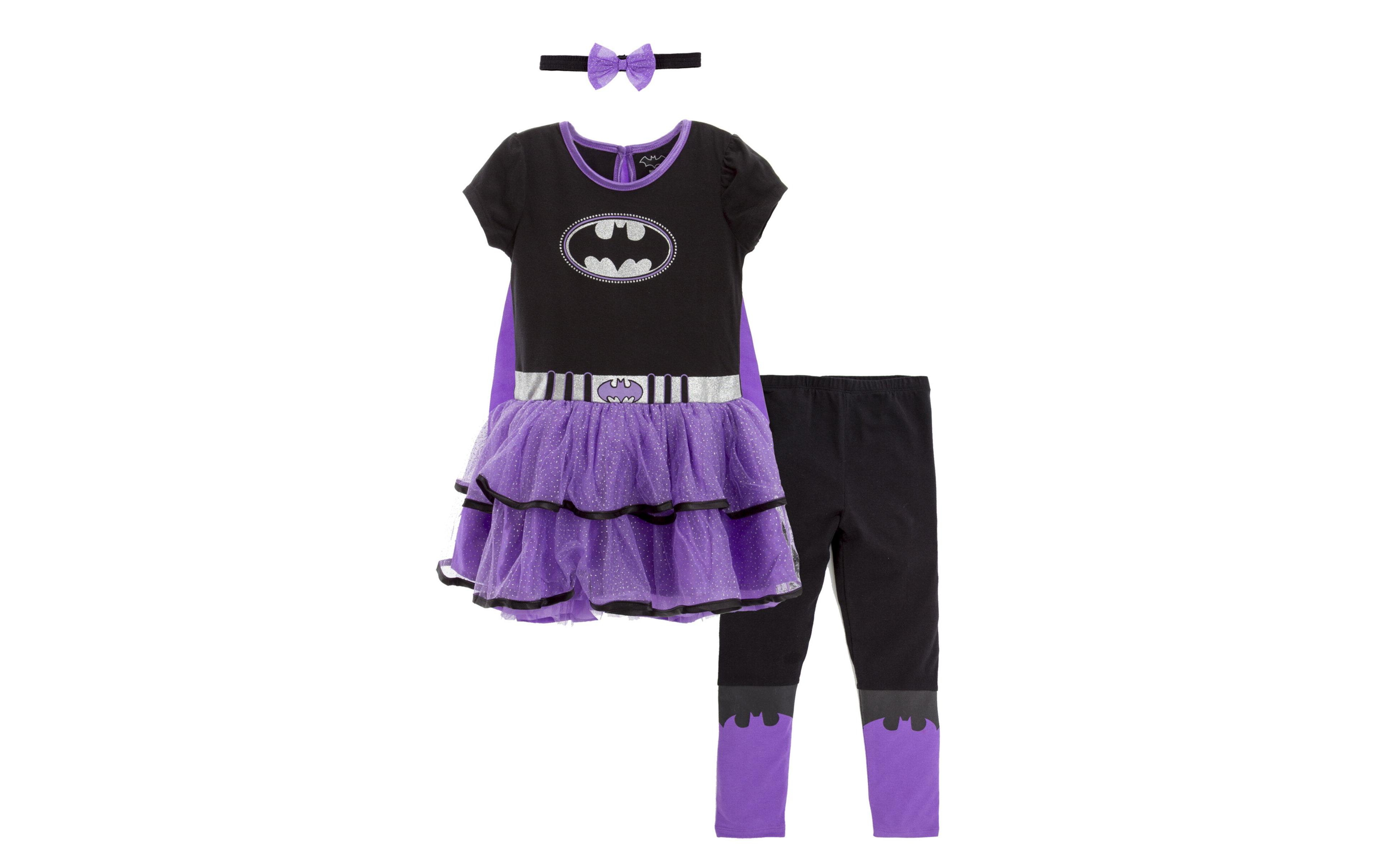 Justice League Warner Bros Costume Dress Leggings Cape and Headband 4 Piece Set