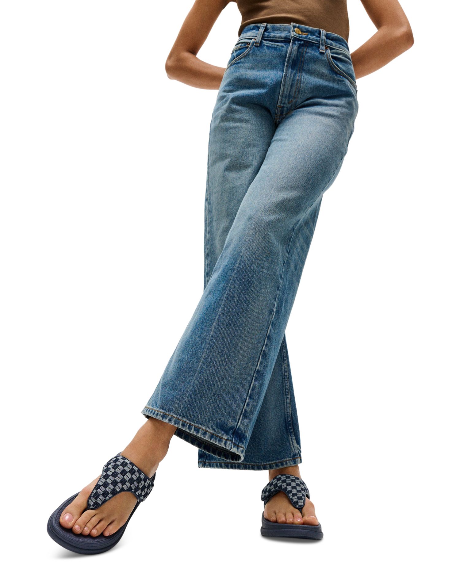 Women's F-Mode Go Checkerboard-Denim Toe-Post Sandals