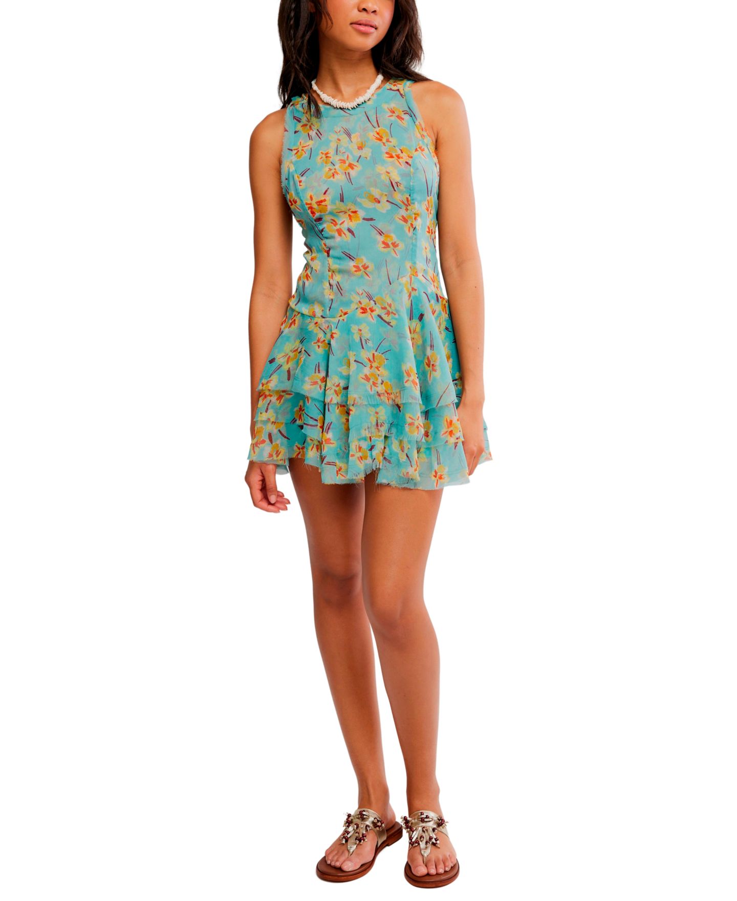 Женское платье Free People Raven Printed Ruffle Mini, цвет: Аквамариновый комбинированный — фото 2