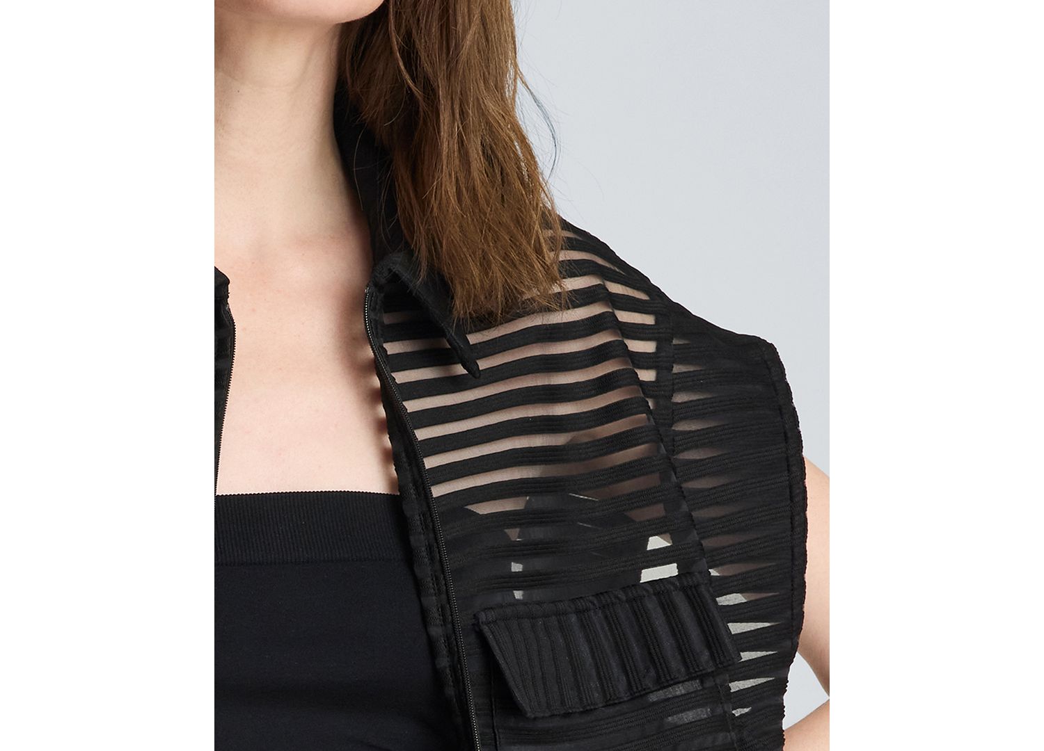 Women's Rib Mesh Sleeveless Cardigan with Chest Pockets
