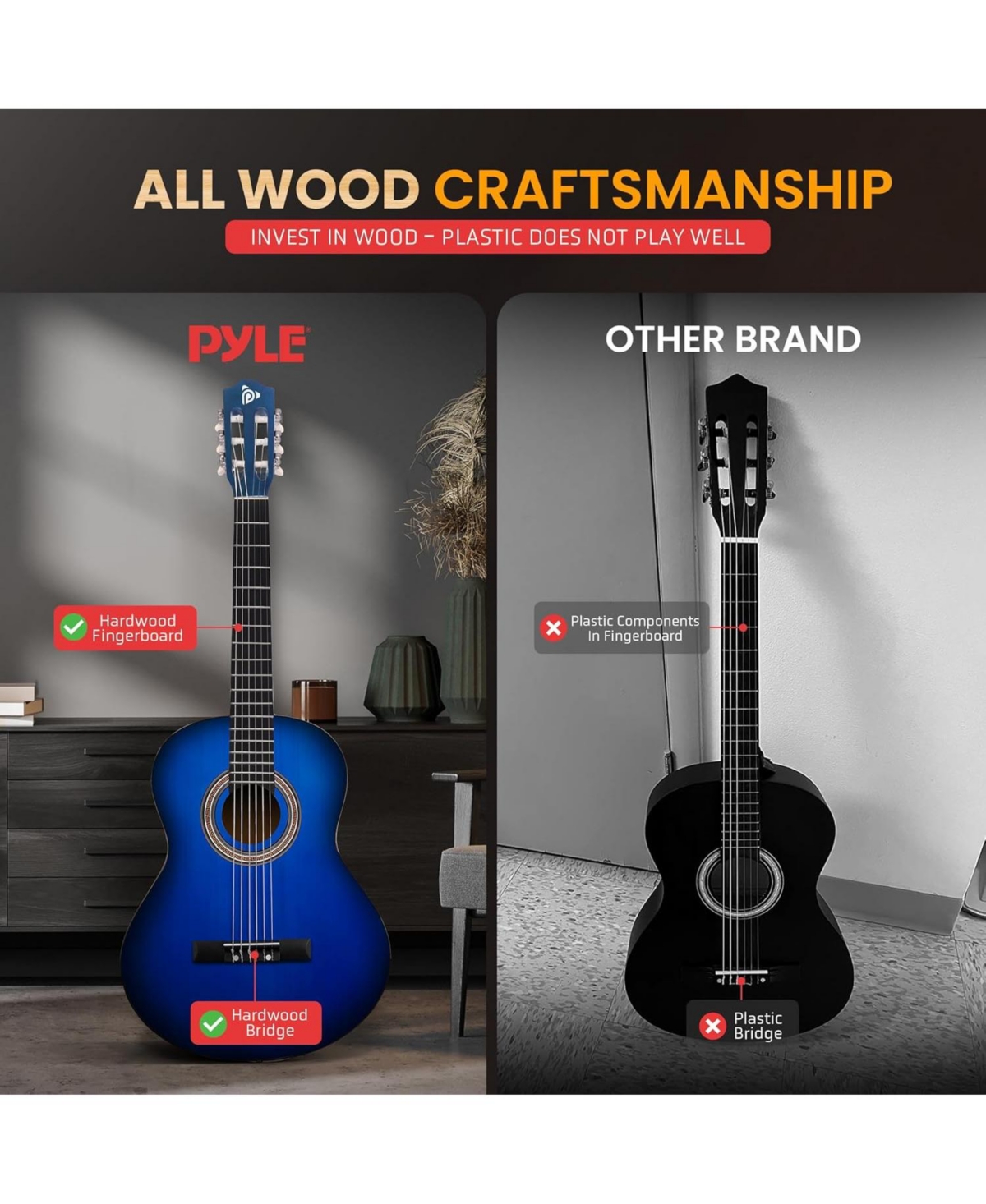 Pyle Beginner Acoustic Guitar Kit, 3/4 Junior Size All-Wood Guitar for Kids & Adults, 36" Burst
