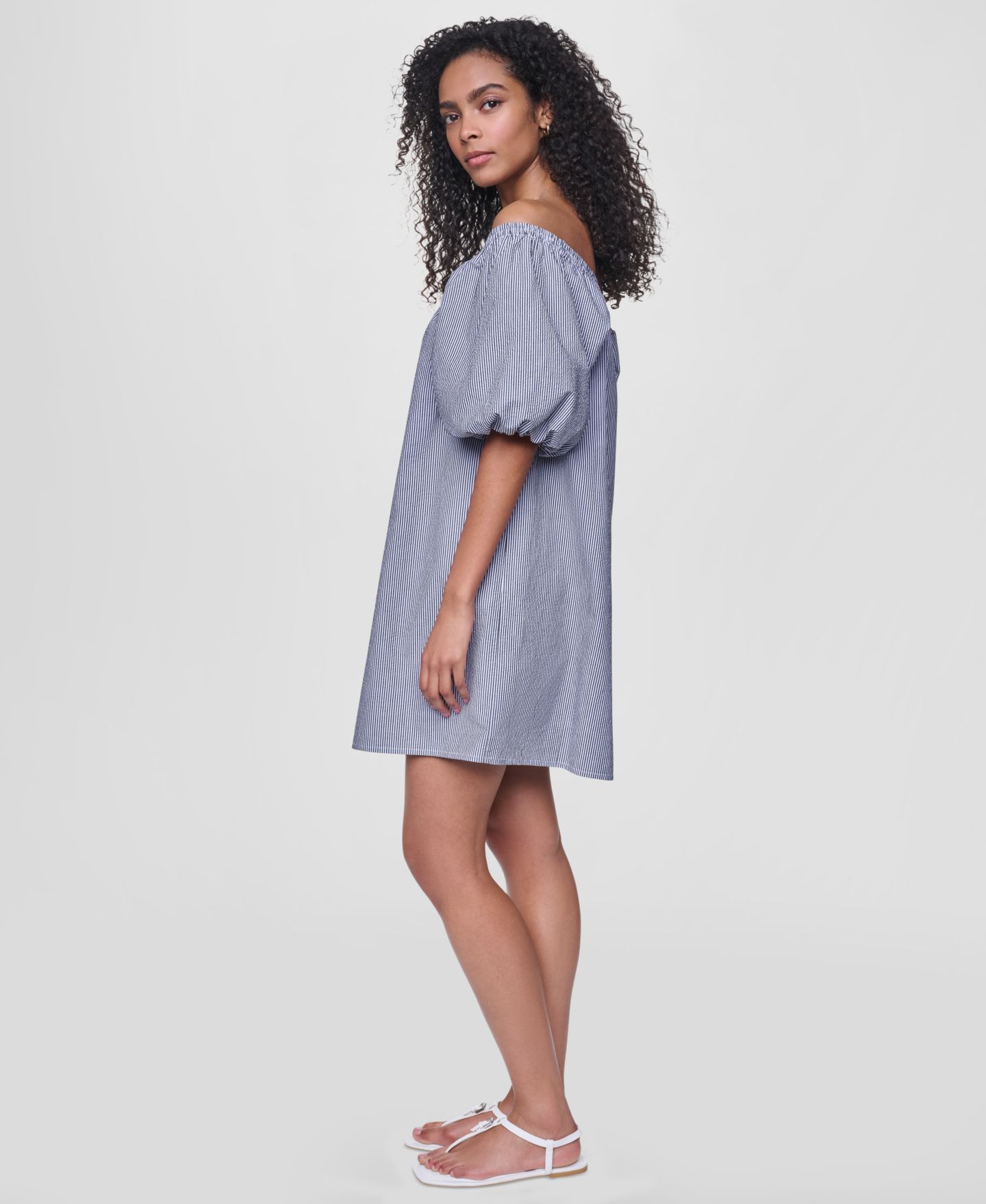 Женское платье DKNY Jeans Half Puff-Sleeve Seersucker Mini with Square Neckline, цвет: Чёрный — фото 4
