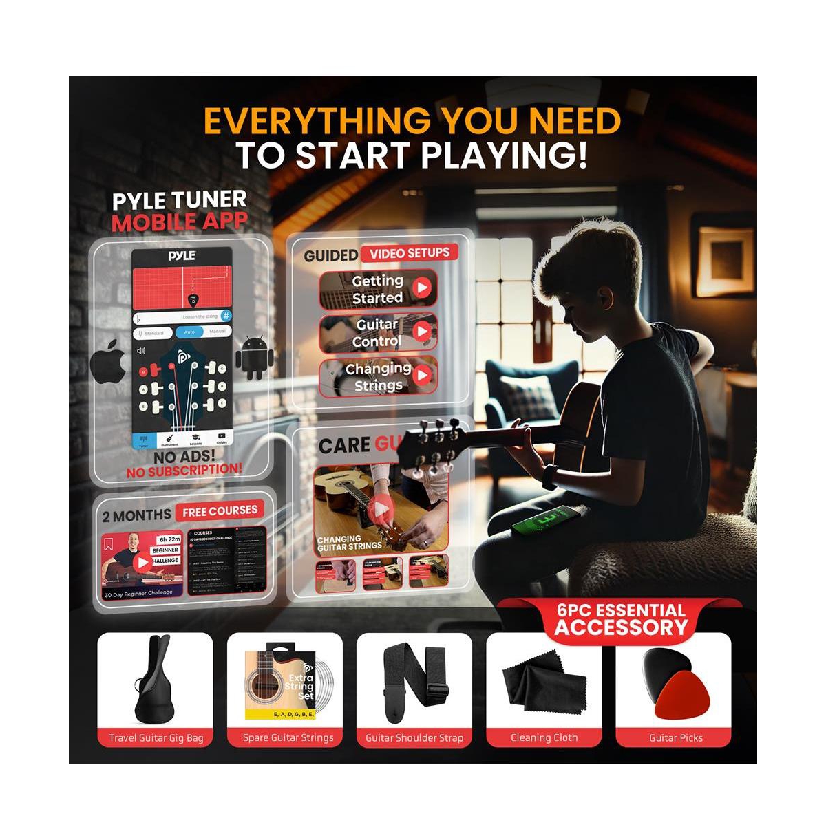 Pyle 41" Full-Size Acoustic Guitar Kit, Cutaway Body with Digital Tuner and Accessory Kit