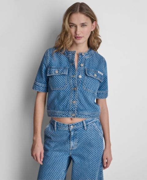Женские куртки DKNY Jeans Women's Cropped Patch Pocket Short-Sleeve Boucle Denim Shirt Jacket