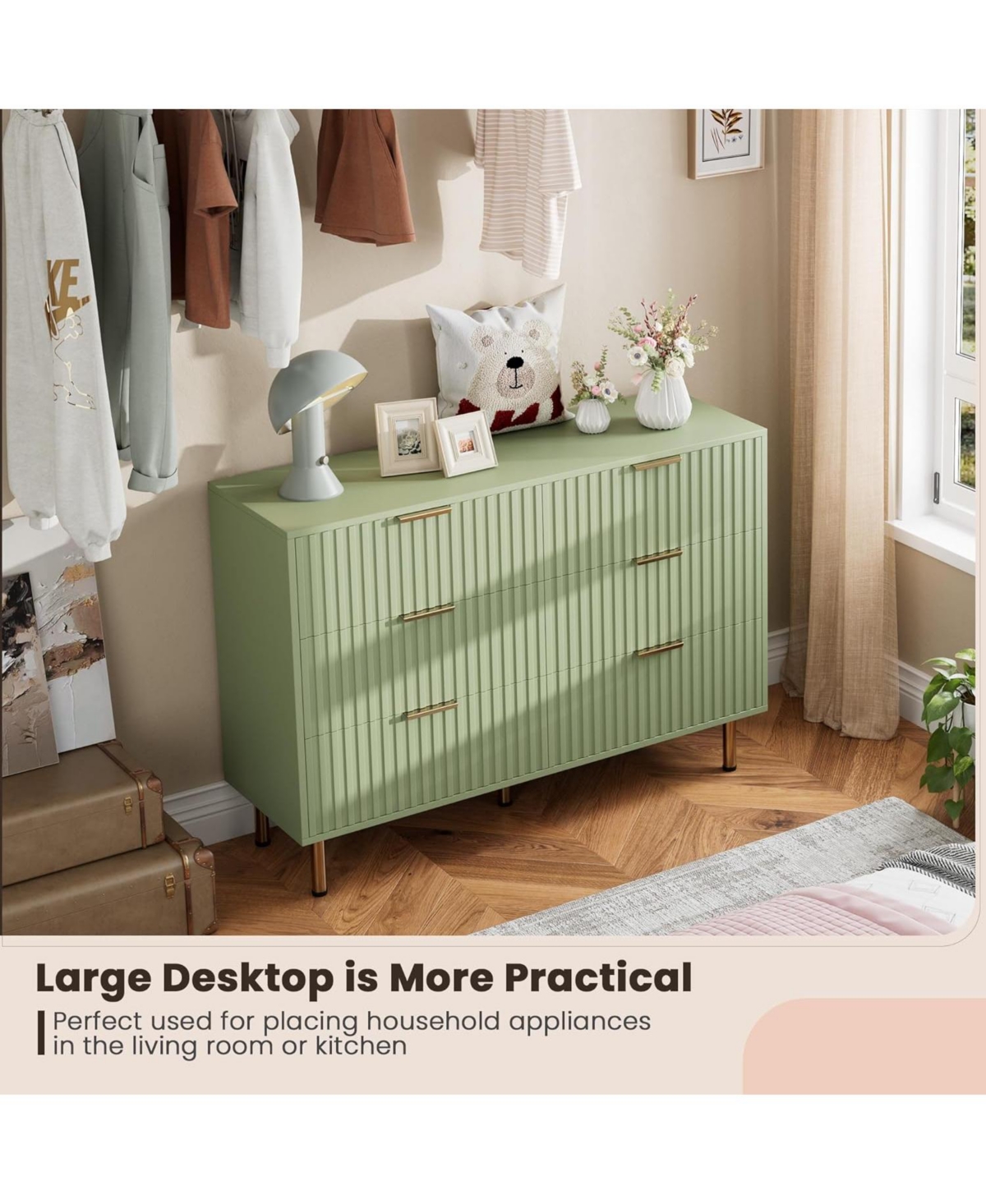 homfan Modern Fluted 6 Drawer Dresser - Wide Wooden Chest with Deep Drawers Double Tv Stand for Bedroom, Living Room, Hallway, Kids Room