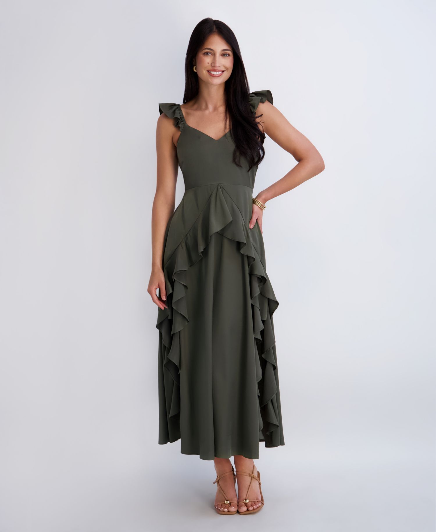 Women’s Ruffle Strap Maxi Dress with Cascading Skirt