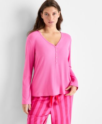 Women's Long-Sleeve Ribbed Henley Sleep Top XS-3X