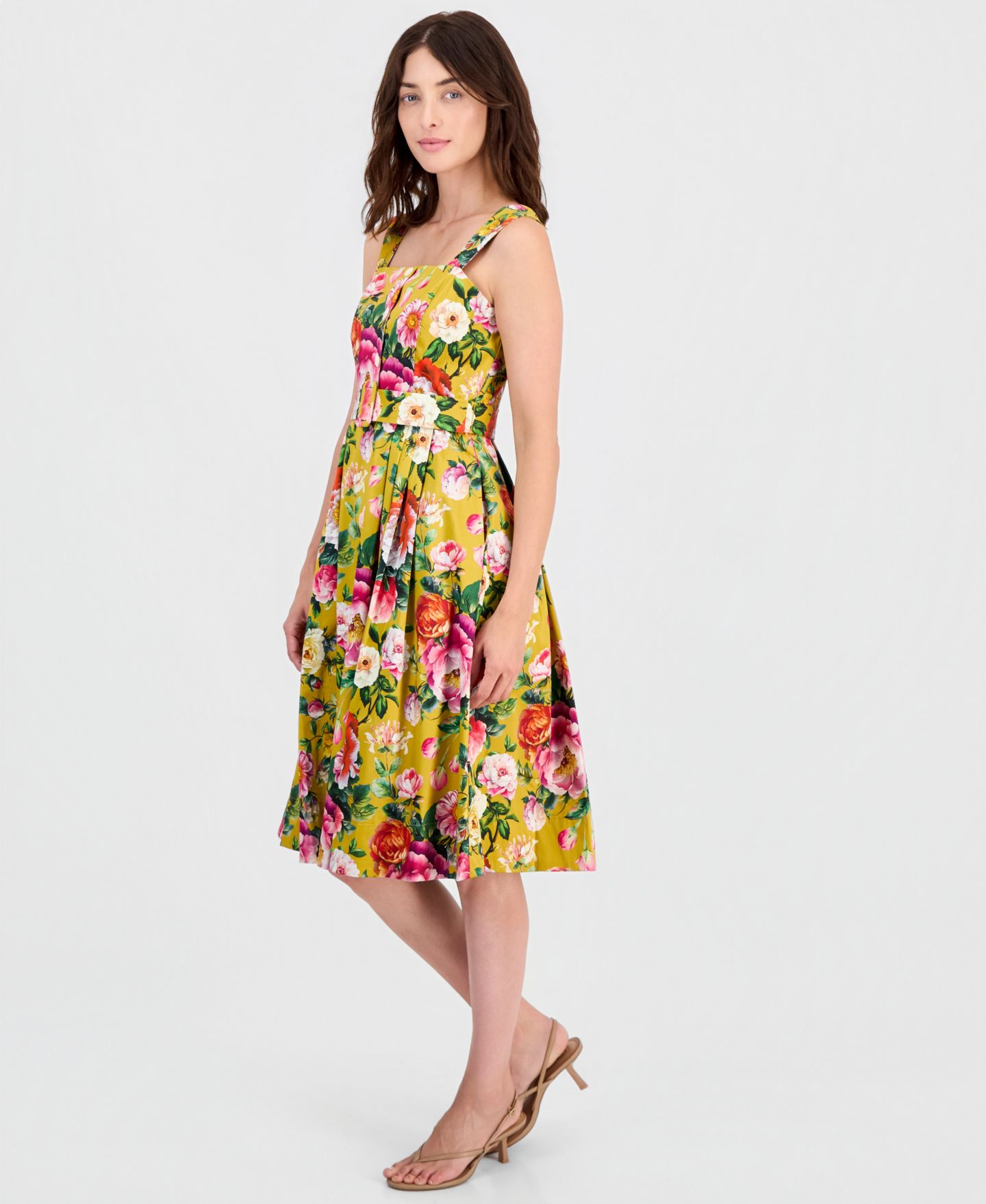 Женское платье Tahari ASL Printed Square-Neck Fit & Flare, цвет: Горчичный с принтом — фото 4