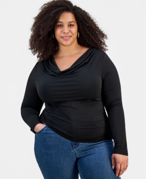 Женский топ FULL CIRCLE TRENDS Trendy Plus Size Cowlneck Jersey, цвет: Чёрный