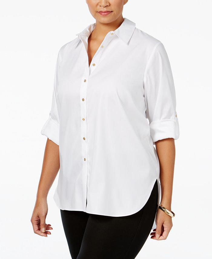 Plus Size Pocket Button Front Curved Hem Long Sleeve Blouse Shirt Top White