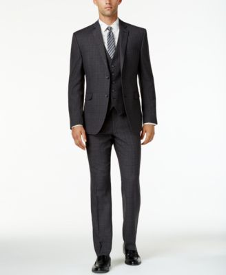 Perry Ellis - Men's Slim-Fit Charcoal Plaid Vested Suit