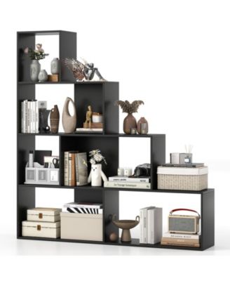 4 Tier Bookshelf with 6 Storage Cubes 64 Inch Tall Modern Geometric Stair Bookcase