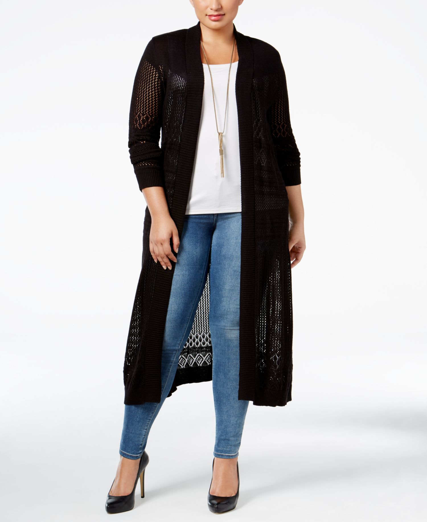 Plus Pointelle-Stitch Duster Cardigan Sweater