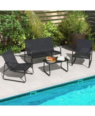 4 Pieces Outdoor Conversation Set with Tempered Glass Coffee Table