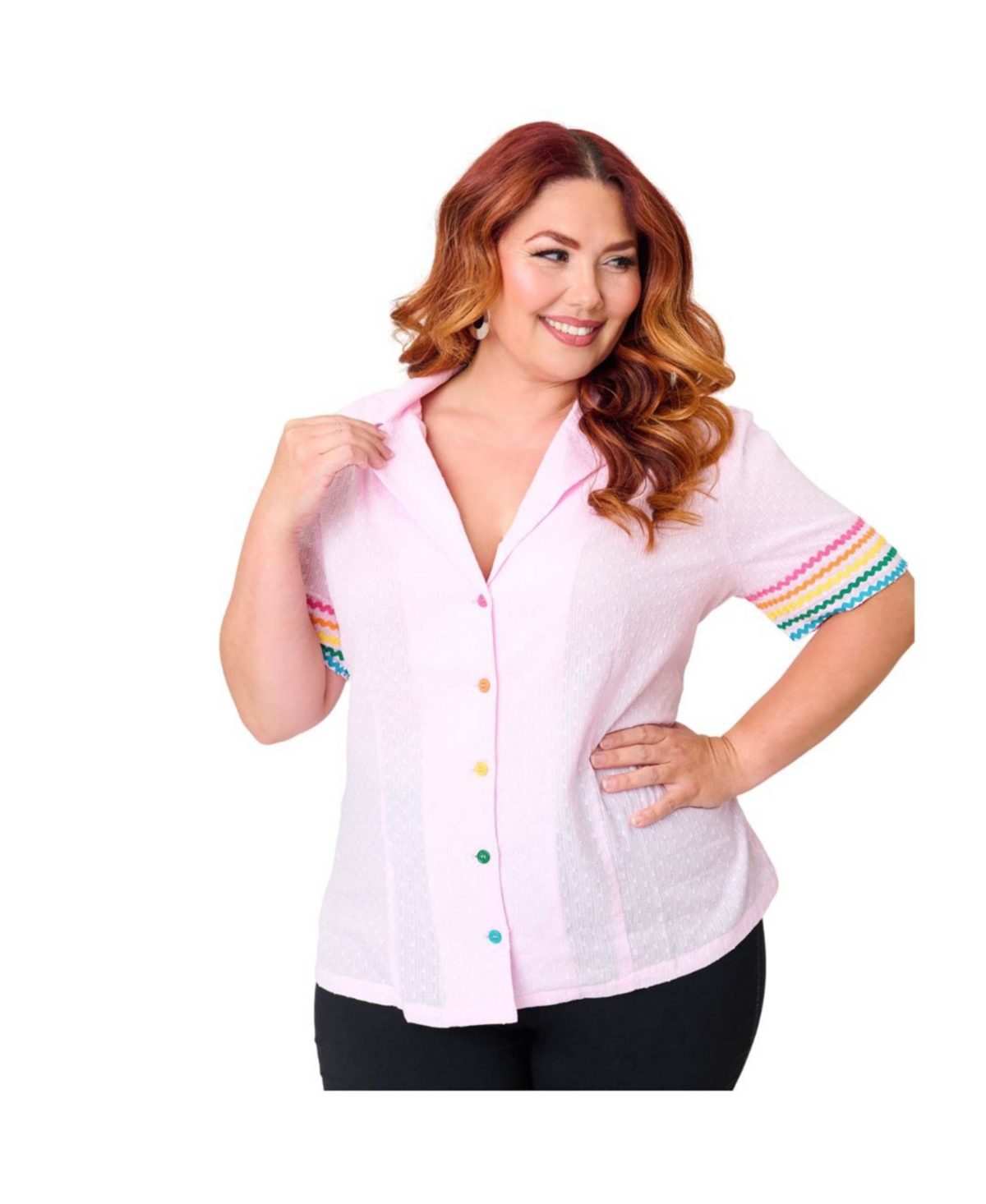 Unique Vintage Plus Size 1940s Short Sleeve Collared Button Down Woven Blouse - Pink w/ rainbow print sleeve