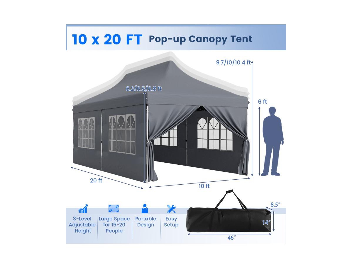 Boyel Living 10 x 20 Feet Pop up Canopy with 6 Sidewalls and Windows and Carrying Bag for Party Wedding Picnic