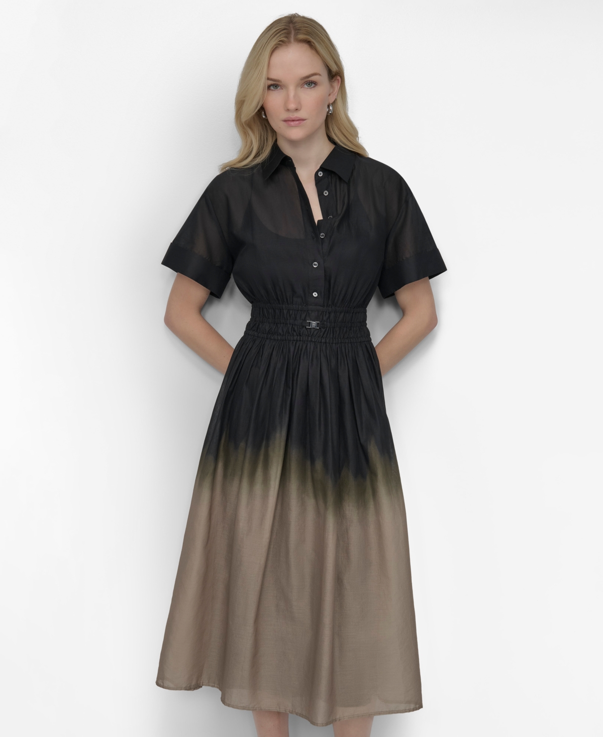 Dkny Women's Short-Sleeve Drawstring Button-Down Shirt Dress