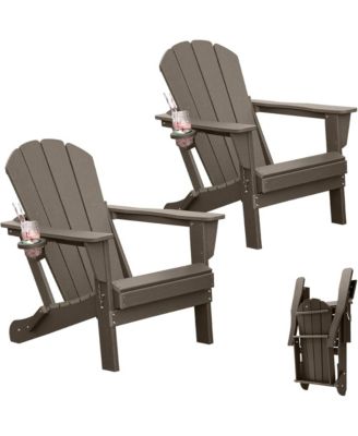 Folding Outdoor Adirondack Chairs with Cup Holders (Set of 2)