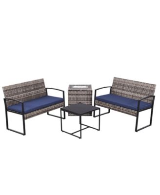 4-Piece Outdoor Patio Set with Ice Bucket Table, PE Rattan Conversation Set with Storage, Waterproof Cushions