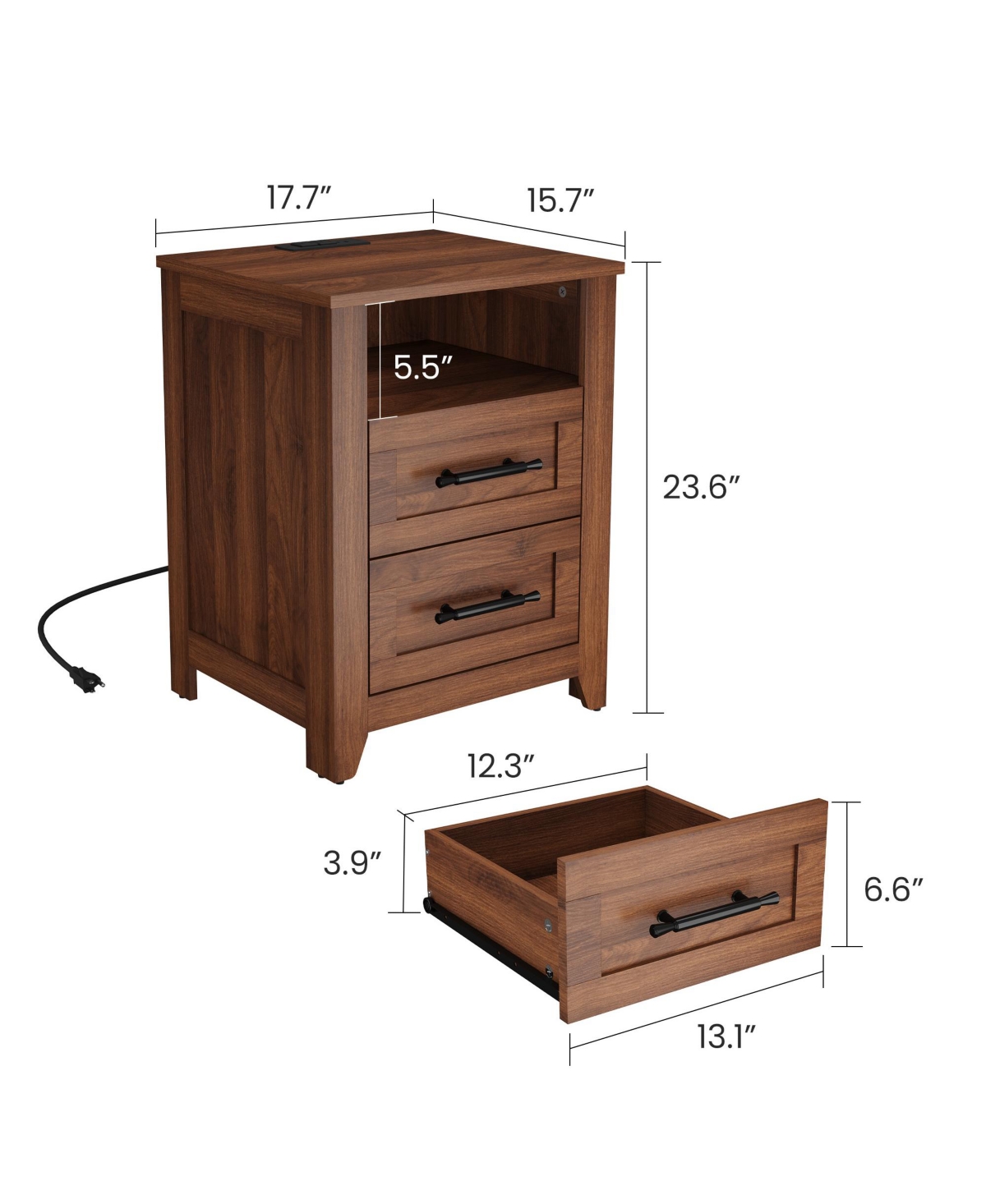 gaomon Set of 2 Farmhouse Nightstand with Charging Station 2 Drawers and Open Shelf, Usb/Type-c/Ac Outlets