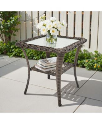 Outdoor Side Table - Tempered Glass Wicker Table, Waterproof Patio Coffee Table Rattan End Table with Storage