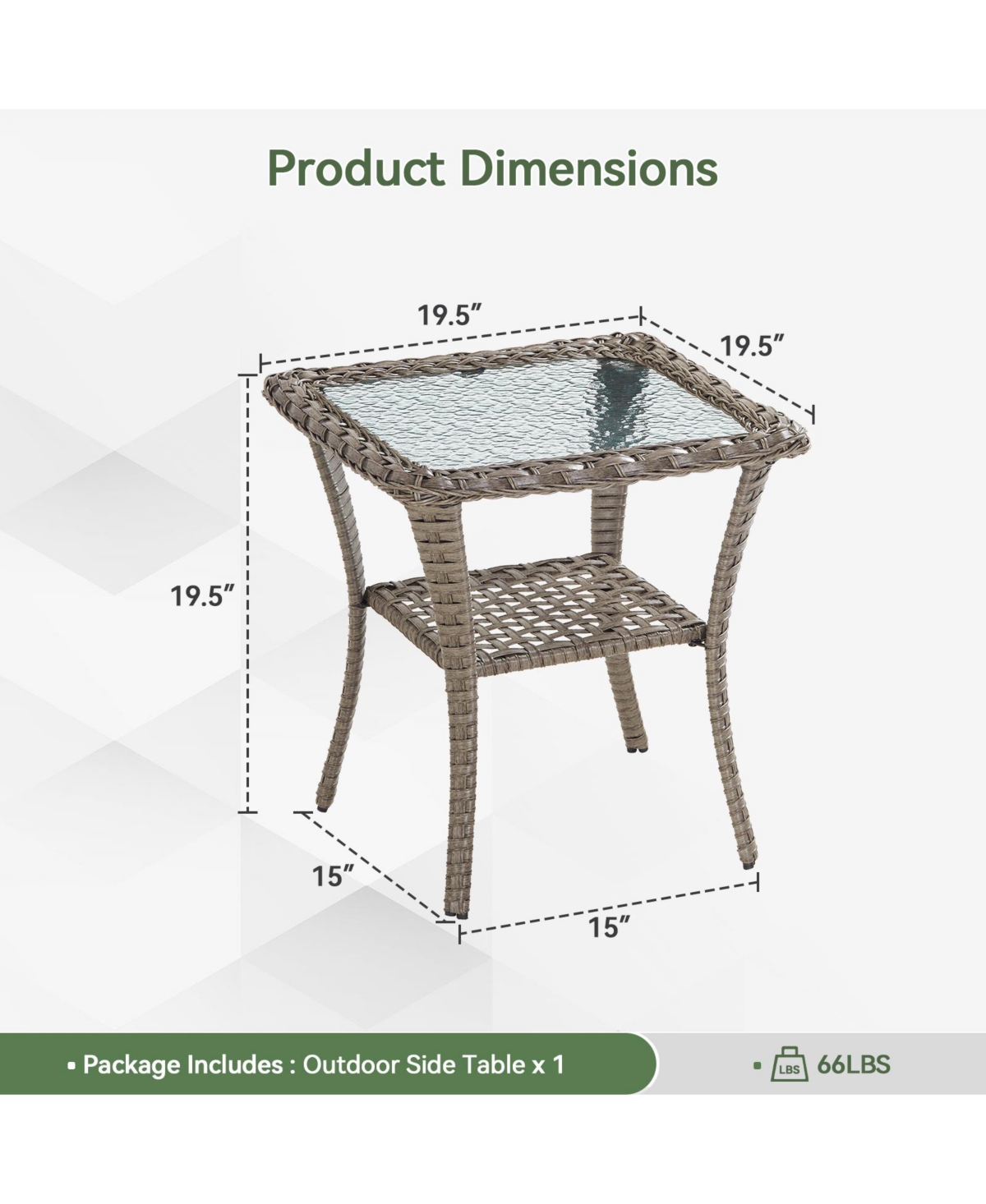 Pocassy Outdoor Side Table - Tempered Glass Wicker Table, Waterproof Patio Coffee Table Rattan End Table with Storage