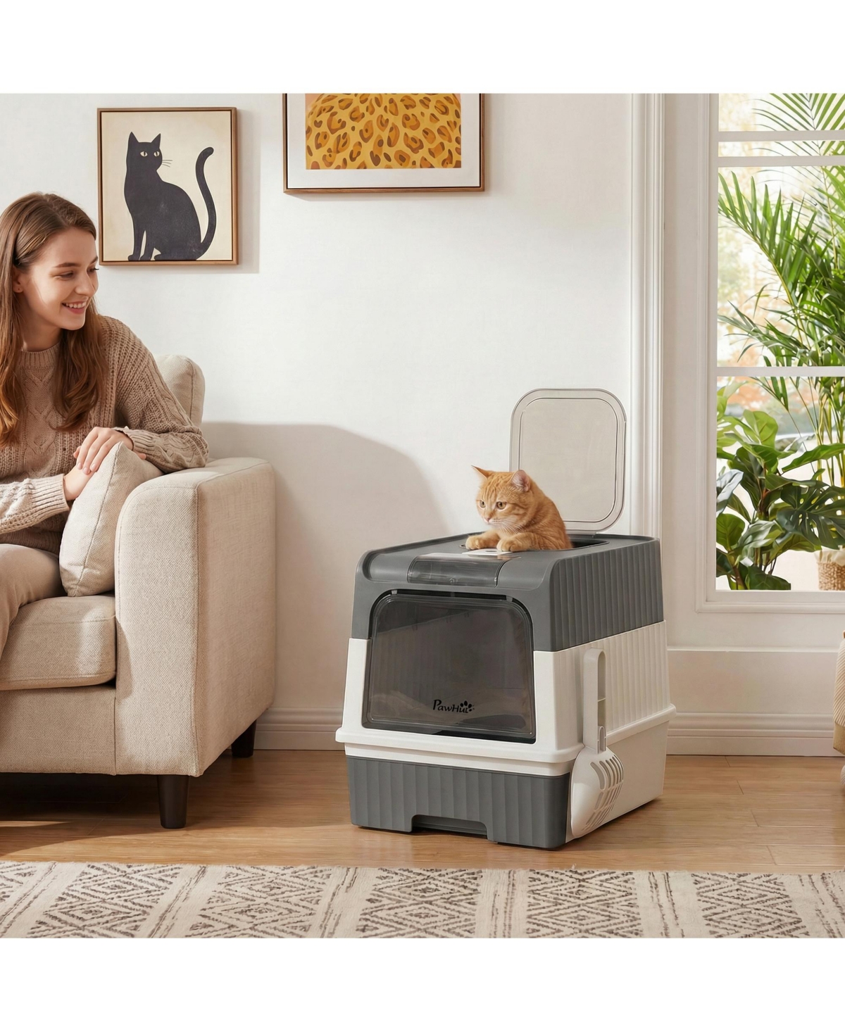 PawHut Cat Litter Box with Pull Out Drawer Tray