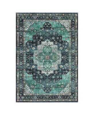 Vintage Washable Medallion Area Rug, Non Slip Oriental Distressed Low Pile Carpet for Living Room and Bedroom