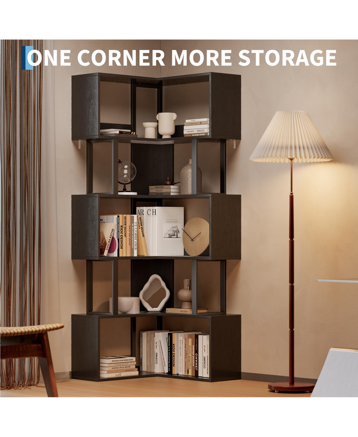 gaomon Space-Saving L-Shaped Corner Bookshelf - 6-Tier Freestanding Metal and Wood Bookcase with Baffle