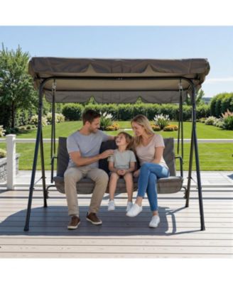 3 Person Outdoor Patio Porch Swing Chair With Adjustable Canopy, Textilene Fabric Seat And Backrest, Armrests, Heavy Duty Frame