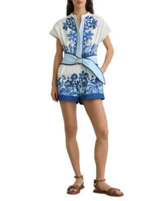 Women's Cotton Floral-Print Belted Playsuit with Stretch