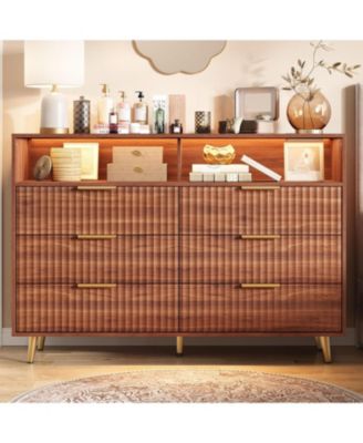 6 Drawers Dresser for Bedroom, 53.9" Wide Dressers with LED Lights and Charging Station, Curved Profile Design