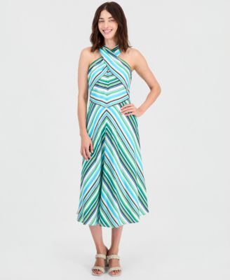 Women's Striped Crisscross Halter Midi Dress