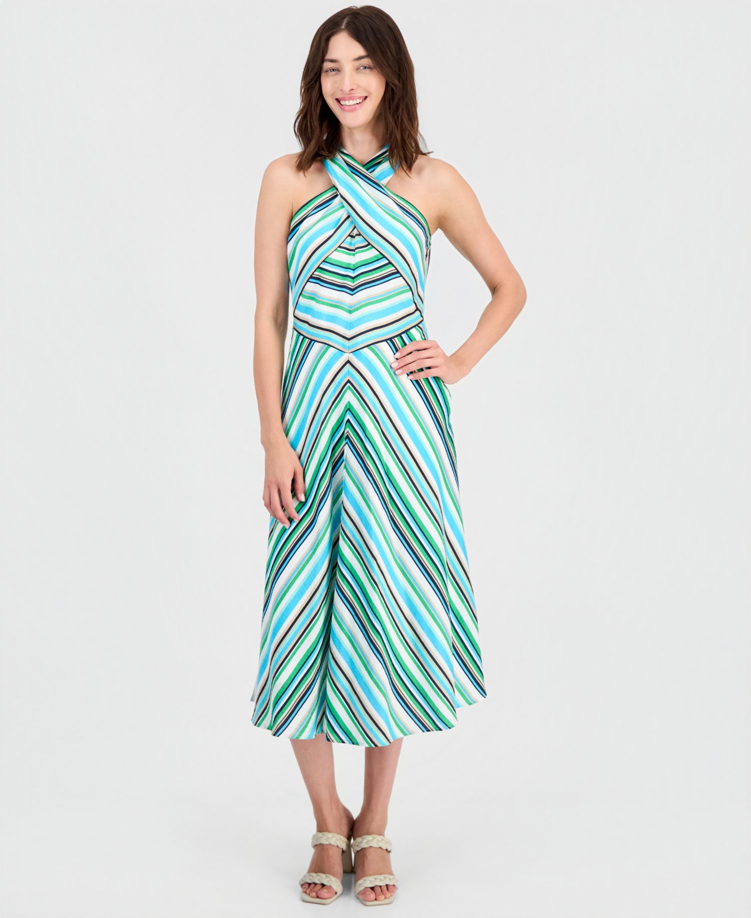 Women's Striped Crisscross Halter Midi Dress