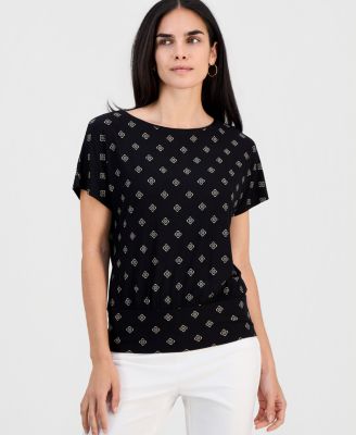 Petite Sofia Tile Banded-Hem Boat-Neck Top