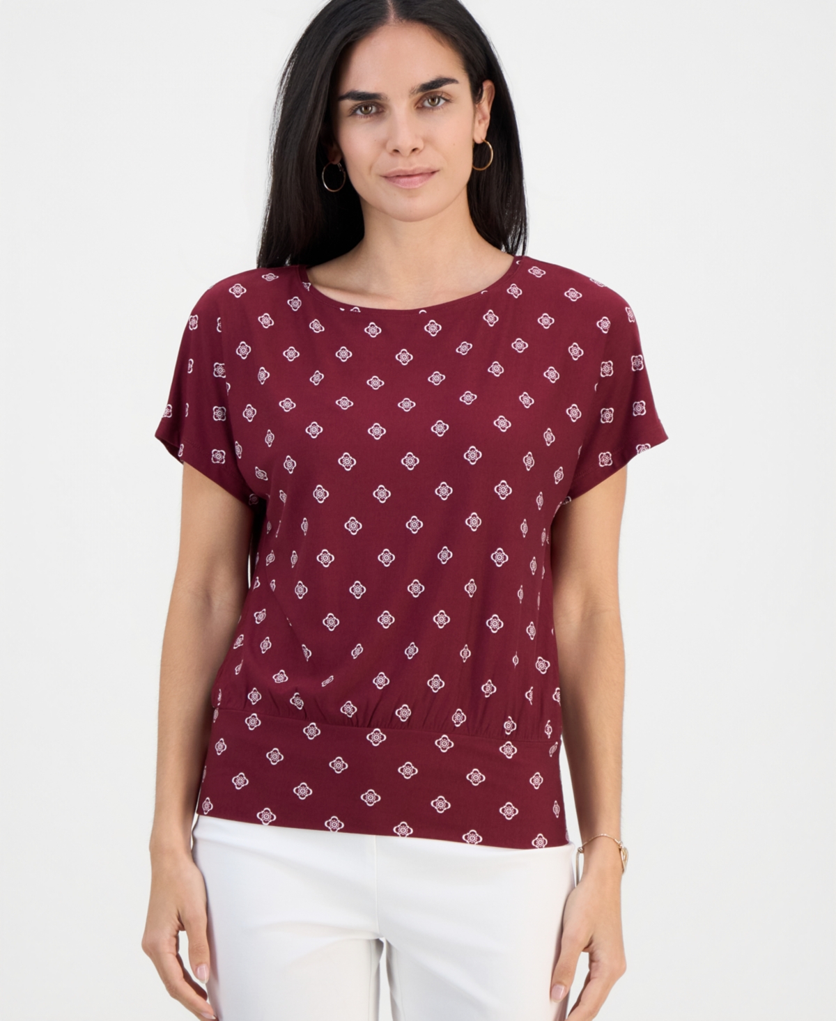 Jm Collection Petite Sofia Tile Banded-Hem Boat-Neck Top, Macy's Exclusive