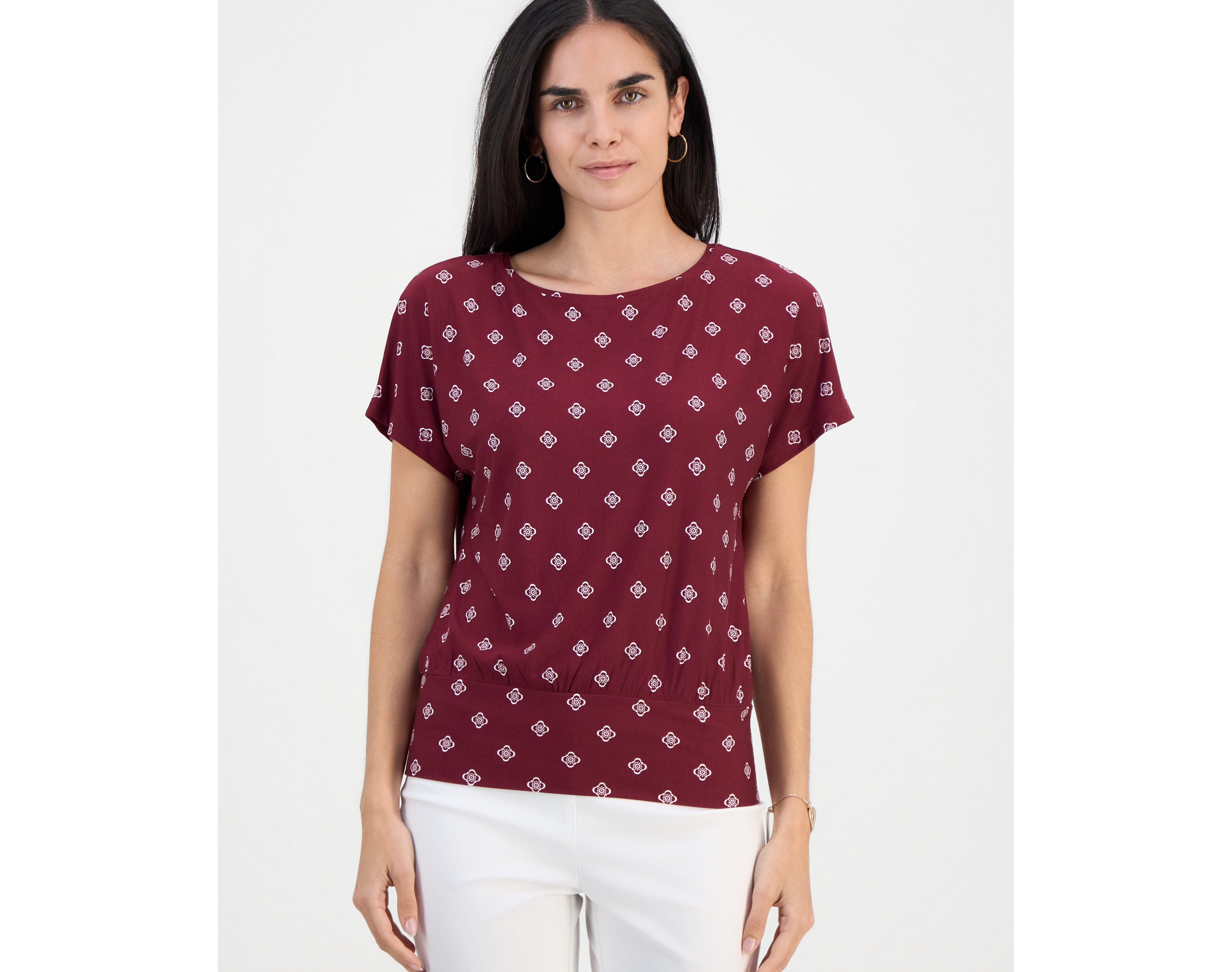 Jm Collection Petite Sofia Tile Banded-Hem Boat-Neck Top, Macy's Exclusive