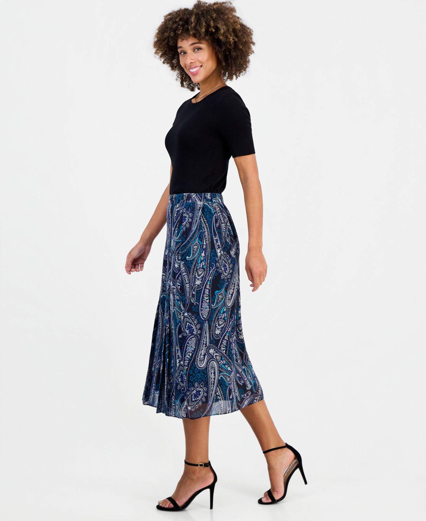 Женская юбка Kasper Printed Pleated Pull-On Midi, цвет: Чёрный разноцветный — фото 3