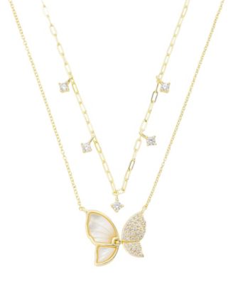 Imitation Pearl and Cubic Zirconia Butterfly Pendant Duo Necklace Set