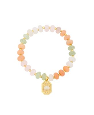 Semi Precious Stone Gold-Tone Plated Seashell Charm Stretch Beaded Bracelet